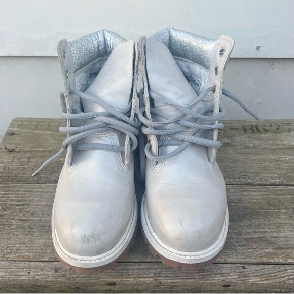 Timberland Metallic Gray Collar Waterproof Premium 6” Boots Girls Size 5 A5SUW - Picture 3 of 8